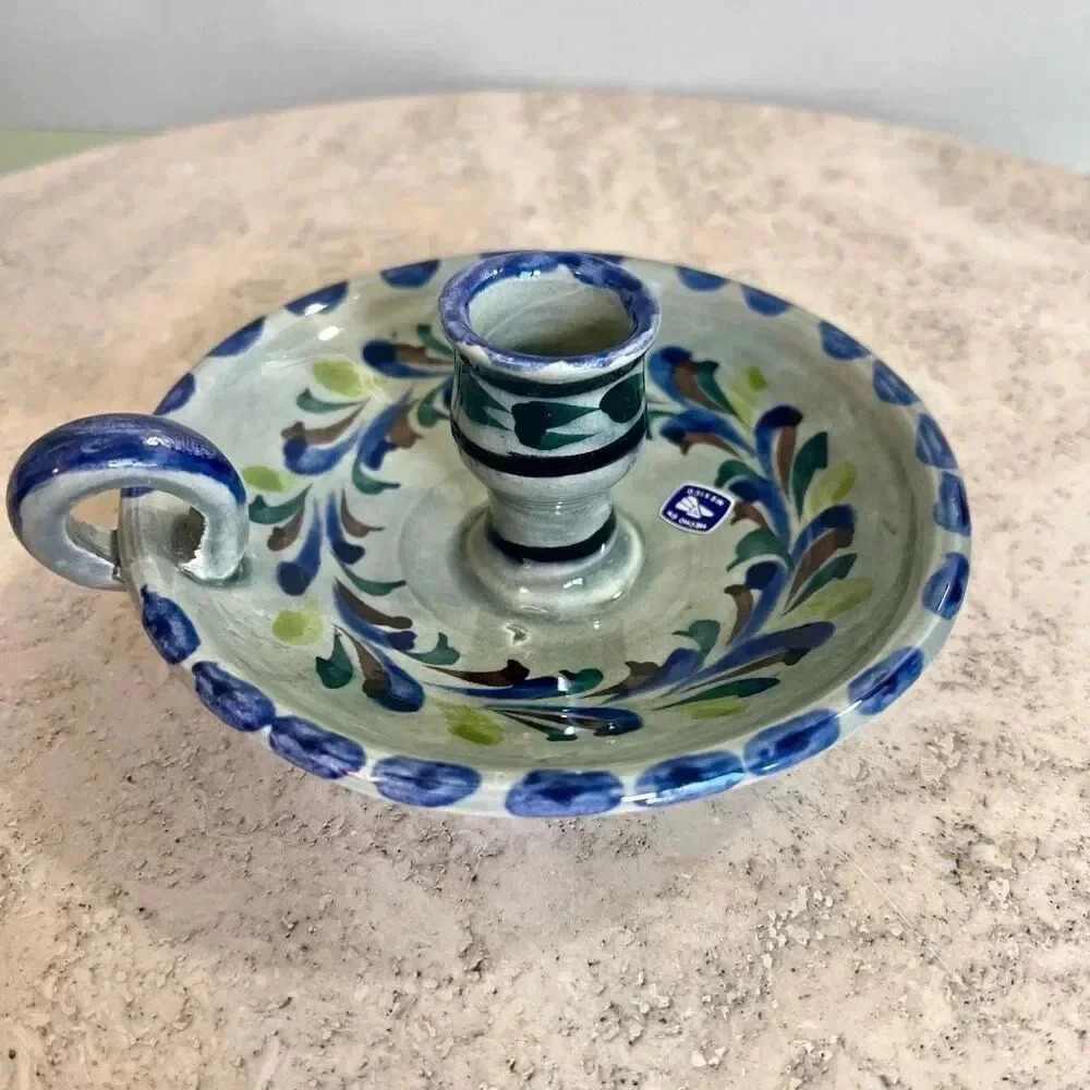 Vintage Pottery Mexico Folk Art Pottery Floral Ceramic Candlestick Candle Holder
